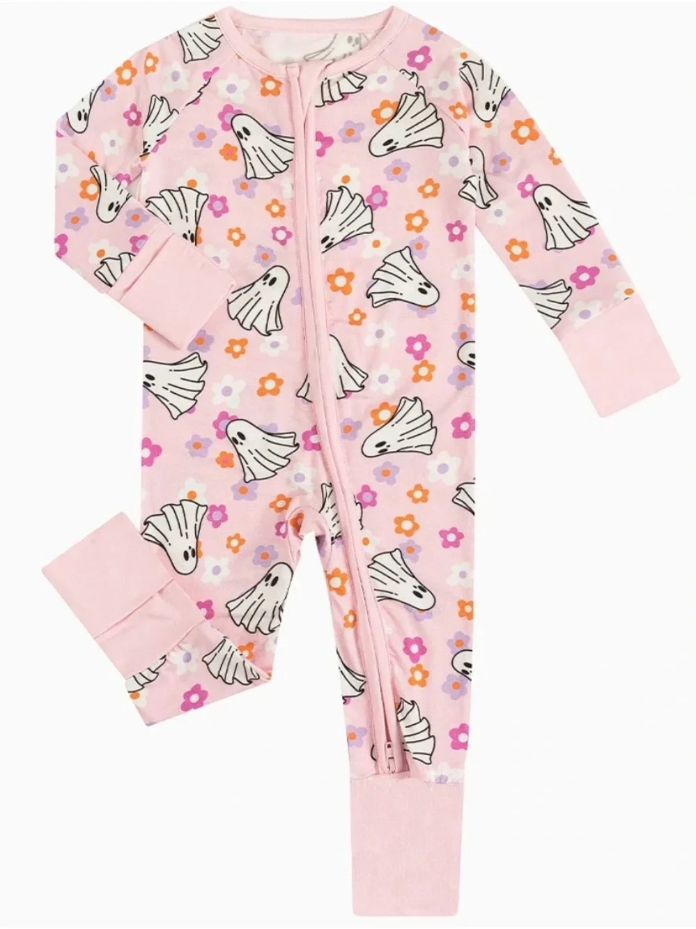 Pink Ghost & Flower Print Kids One-Piece Zipper Pajamas